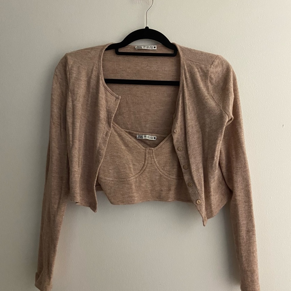 Zara Two-Piece Tan Cropped Tank Top & Cardigan Set